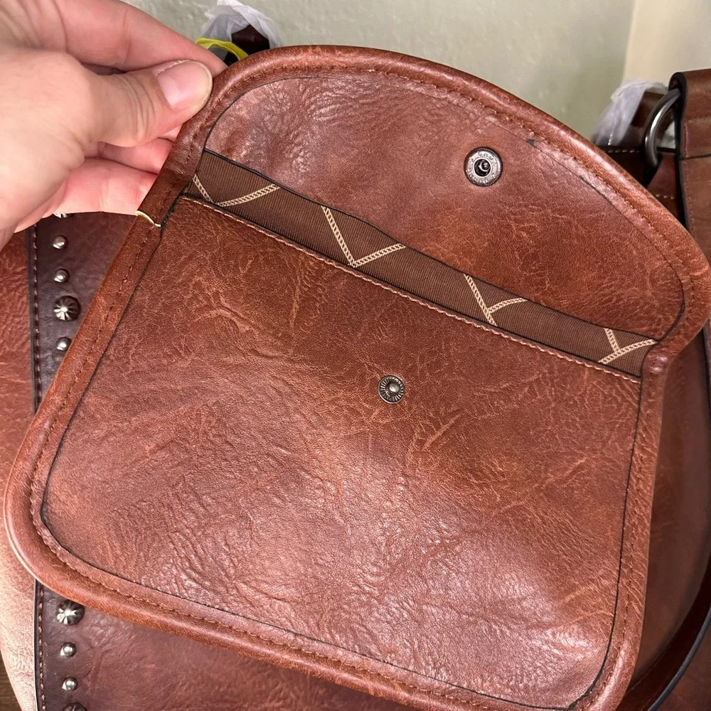 Wrangler Studded Brown Faux Leather Tote Bag - Picture 7 of 9